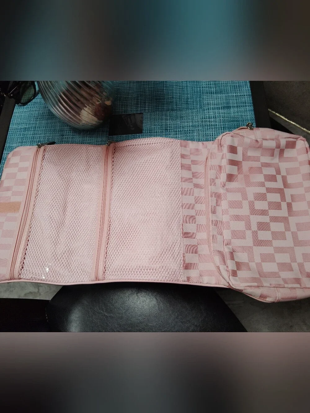 PINK CHECKERED HANGING COSMETIC BAG - Travel Organizer